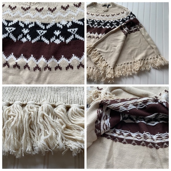 MODA INTERNATIONAL VS Sweater Shawl Brown XS Small Nordic Fair Isle Wool Fringe - Picture 10 of 13